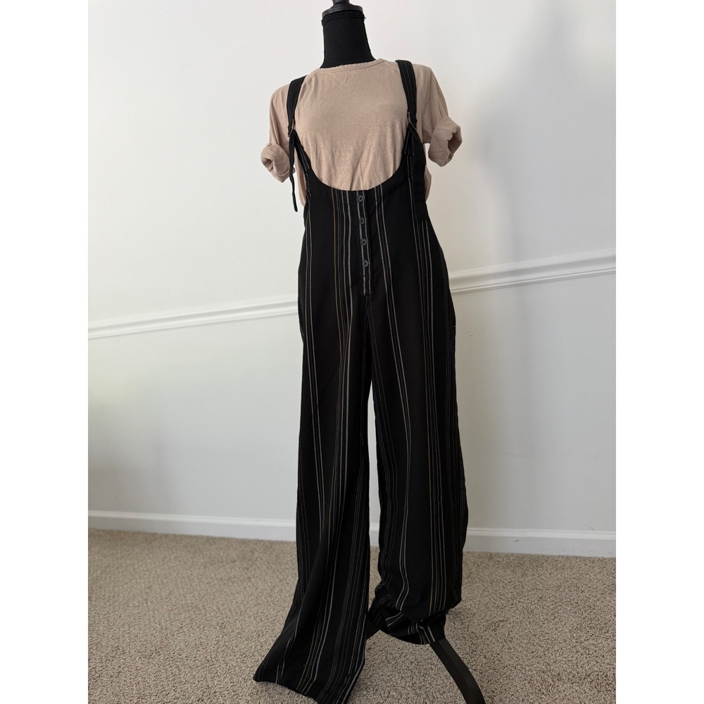 Urban Outfitters Striped Jumpsuit Black Wide Leg Billie Suspender Overall sz‎ M - Picture 2 of 9
